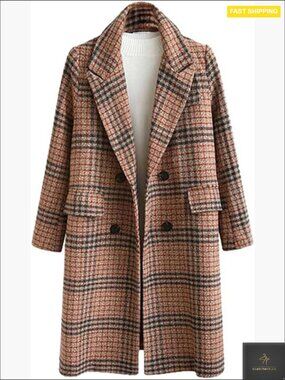 Oversize Double Breasted Long Peacoat Plaid Wool Blend Winter Warm Jacket